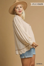 UMGEE Full Size Linen Scallop Hem Blouse with Contrast Trim Plus Size on Simply Obsessed