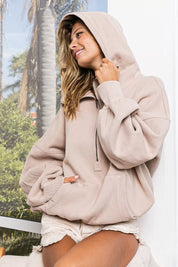 BiBi Stitch Detailed Elastic Hem Half Zip Fleece Hoodie on Simply Obsessed