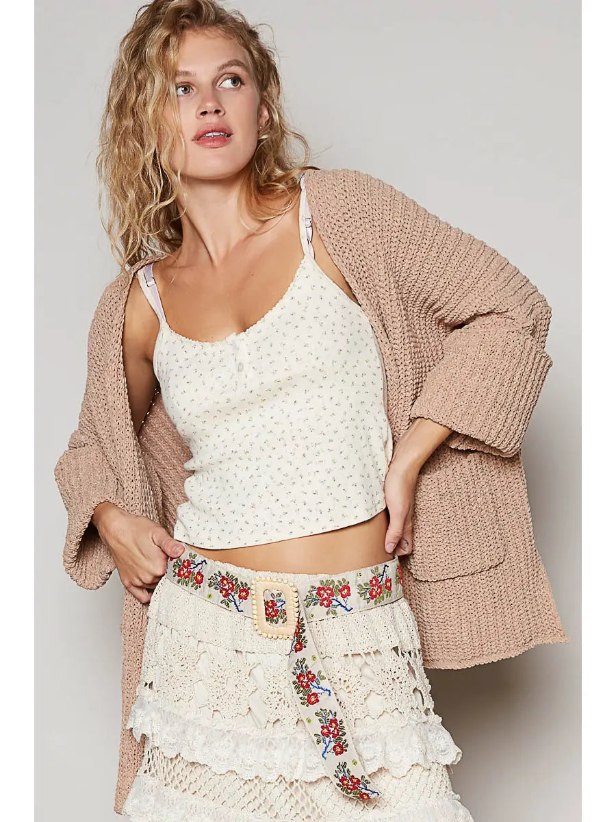 POL Long Sleeve Pockets Solid Chenille Sweater Cardigan-POWDER COCOA on Simply Obsessed