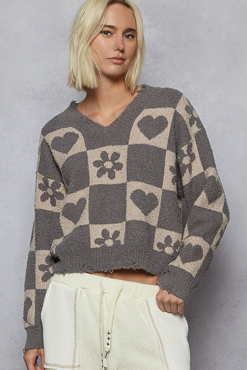 POL V-Neck Heart Pattern Checkered Sweater on Simply Obsessed