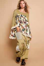 POL Bohemian Geometric Print Long Sleeve Top with Lace Trim on Simply Obsessed