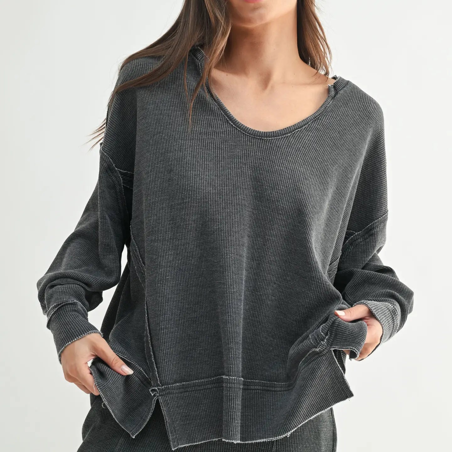MONO B Cotton Waffle Knit Oversized Long Sleeve-BLACK on Simply Obsessed