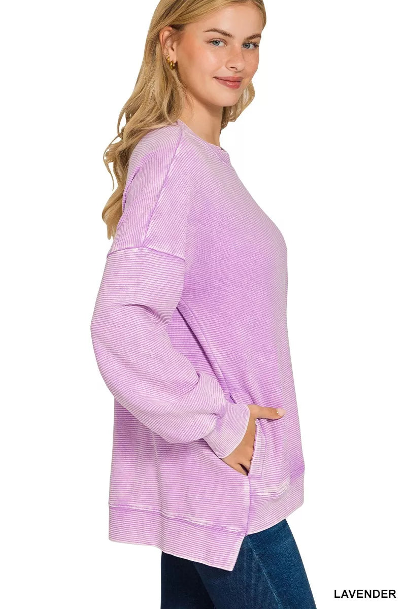 ZENANA Acid Washed Double Ribbed Hi-low Sweatshirt on Simply Obsessed