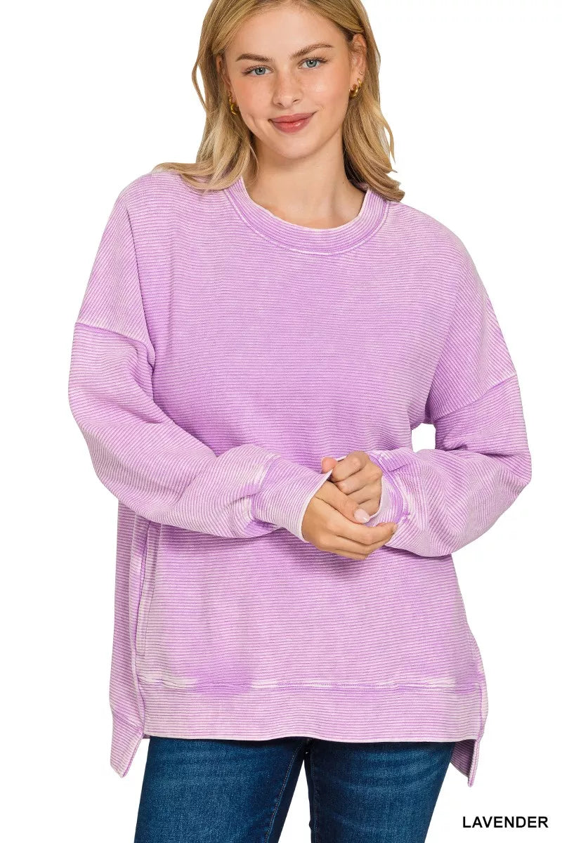 ZENANA Acid Washed Double Ribbed Hi-low Sweatshirt on Simply Obsessed