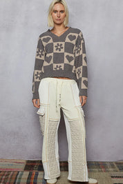 POL V-Neck Heart Pattern Checkered Sweater on Simply Obsessed