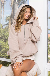 BiBi Stitch Detailed Elastic Hem Half Zip Fleece Hoodie on Simply Obsessed