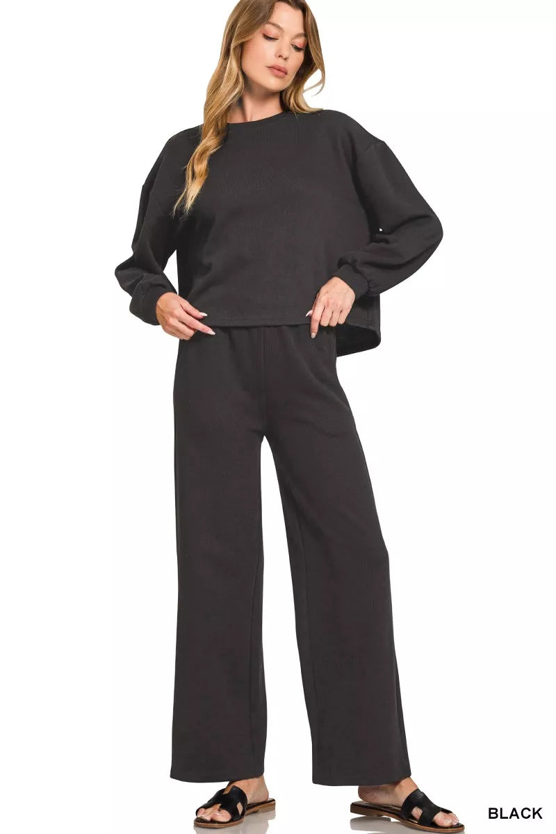 Zenana French Rib Pullover and Pants Set on Simply Obsessed