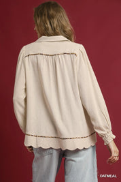 UMGEE Full Size Linen Scallop Hem Blouse with Contrast Trim Plus Size on Simply Obsessed