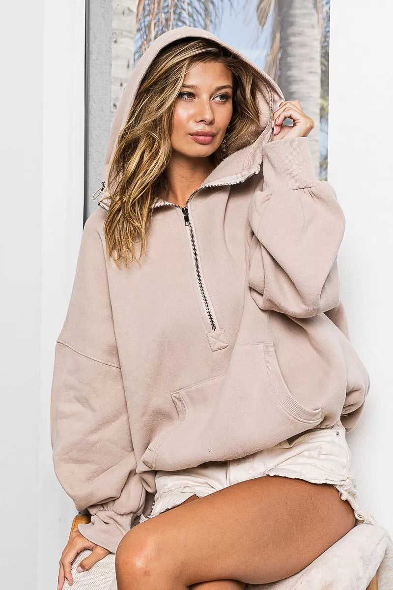 BiBi Stitch Detailed Elastic Hem Half Zip Fleece Hoodie on Simply Obsessed