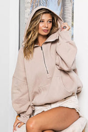 BiBi Stitch Detailed Elastic Hem Half Zip Fleece Hoodie on Simply Obsessed
