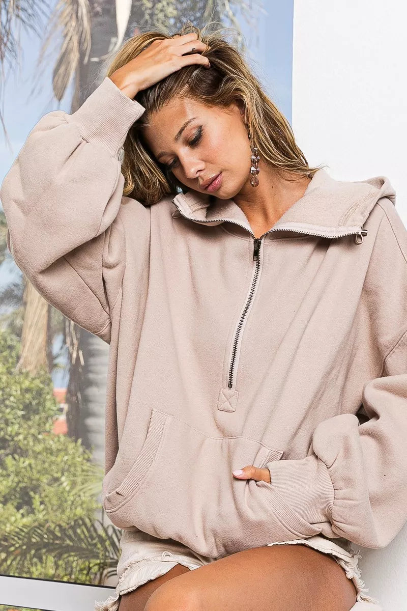 BiBi Stitch Detailed Elastic Hem Half Zip Fleece Hoodie on Simply Obsessed