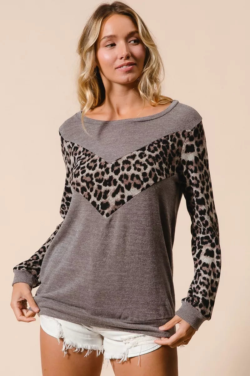 BiBi Sweater Knit Top With Leopard V Shape Block on Simply Obsessed