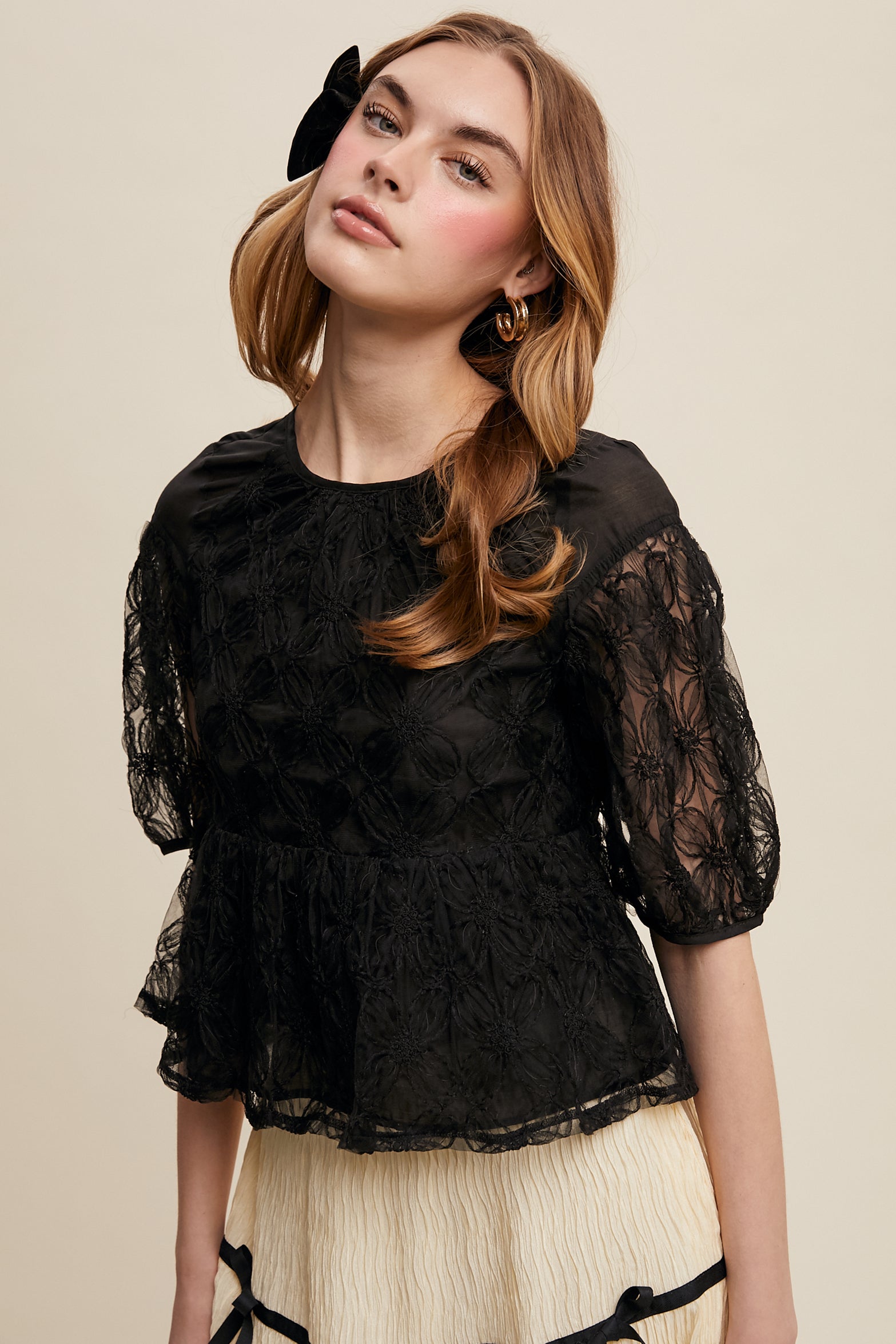 LISTICLE Floral Embroidered Sheer Peplum Blouse