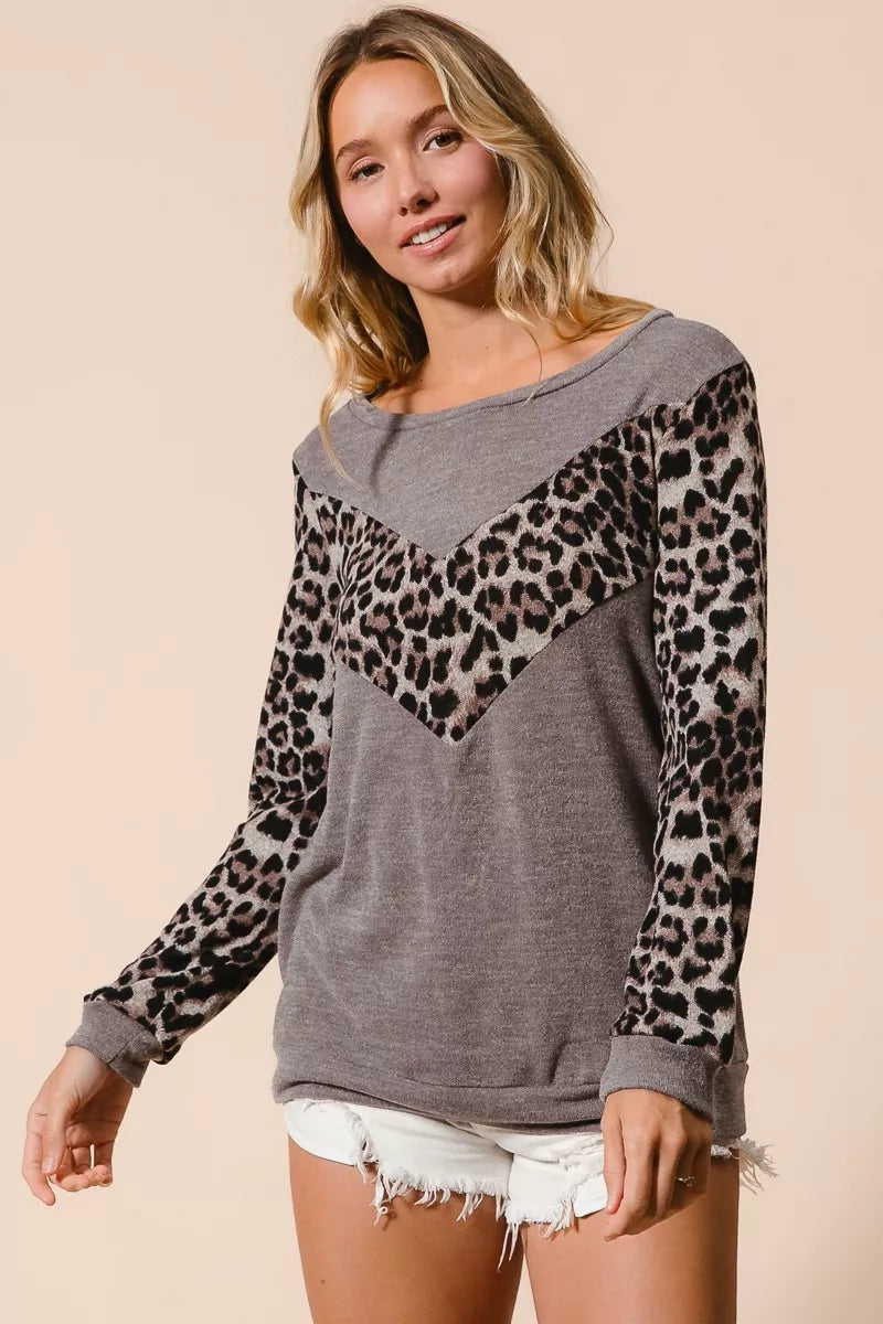 BiBi Sweater Knit Top With Leopard V Shape Block on Simply Obsessed