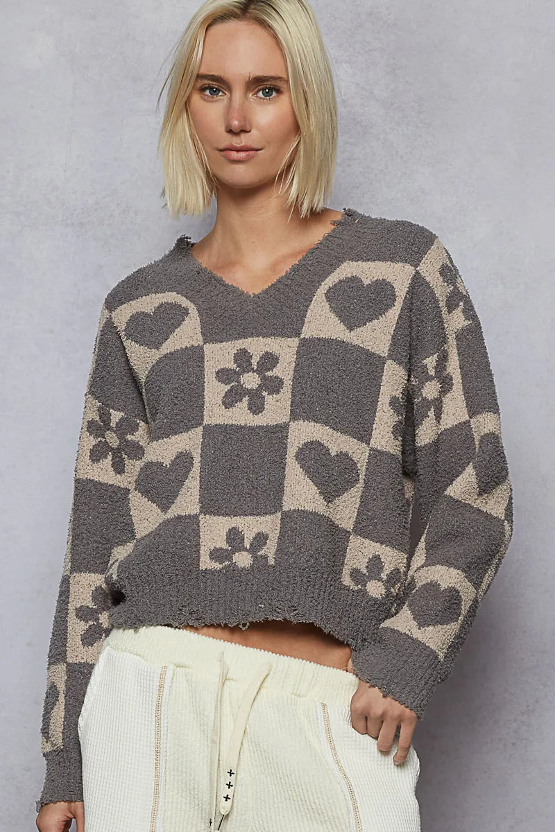 POL V-Neck Heart Pattern Checkered Sweater on Simply Obsessed
