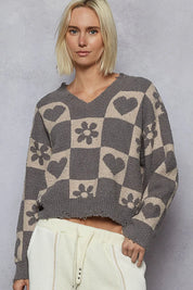 POL V-Neck Heart Pattern Checkered Sweater on Simply Obsessed