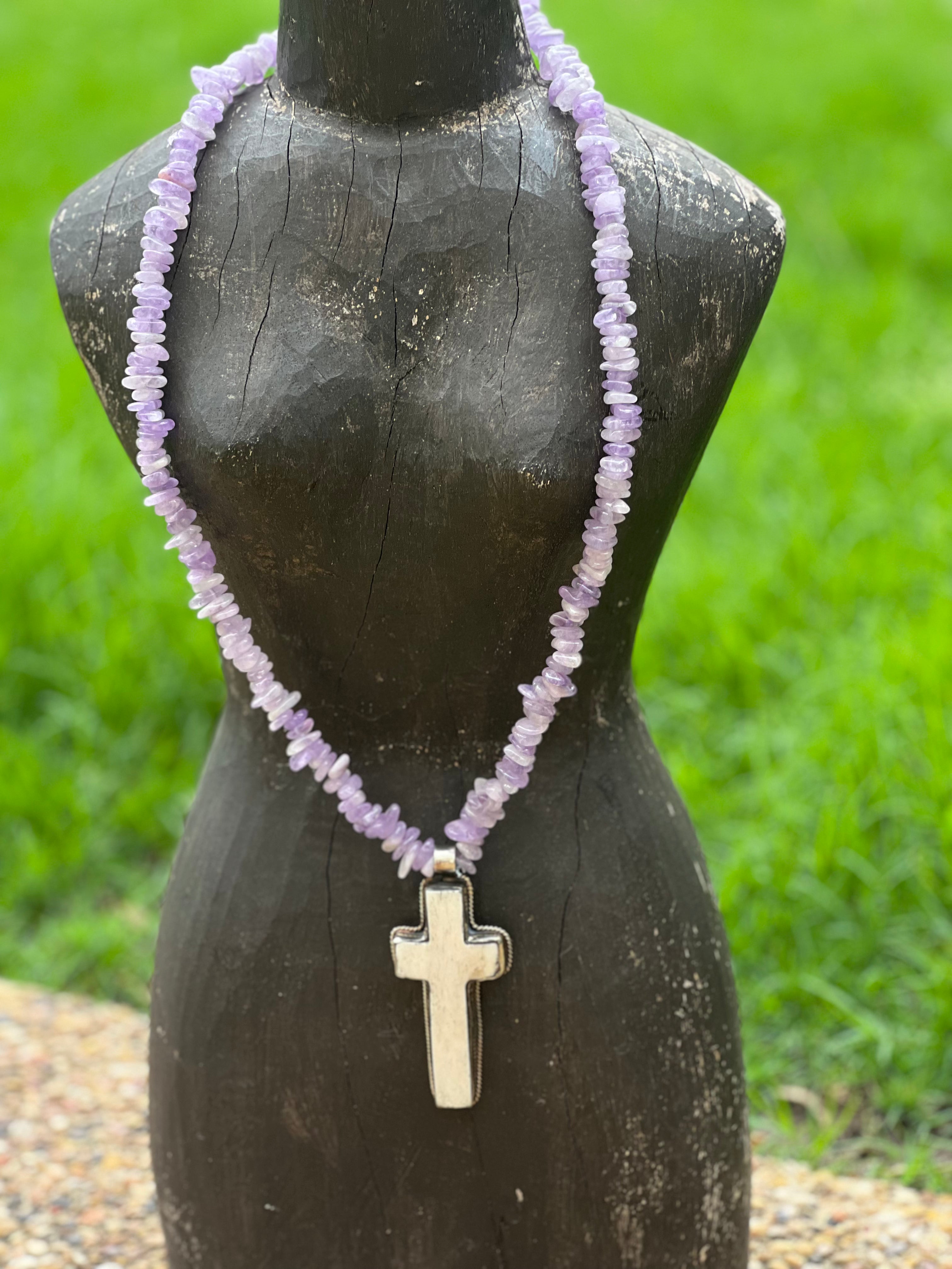 Amethyst Chip Tibetan Silver Carved Tusk Cross OOAK Necklace on Simply Obsessed