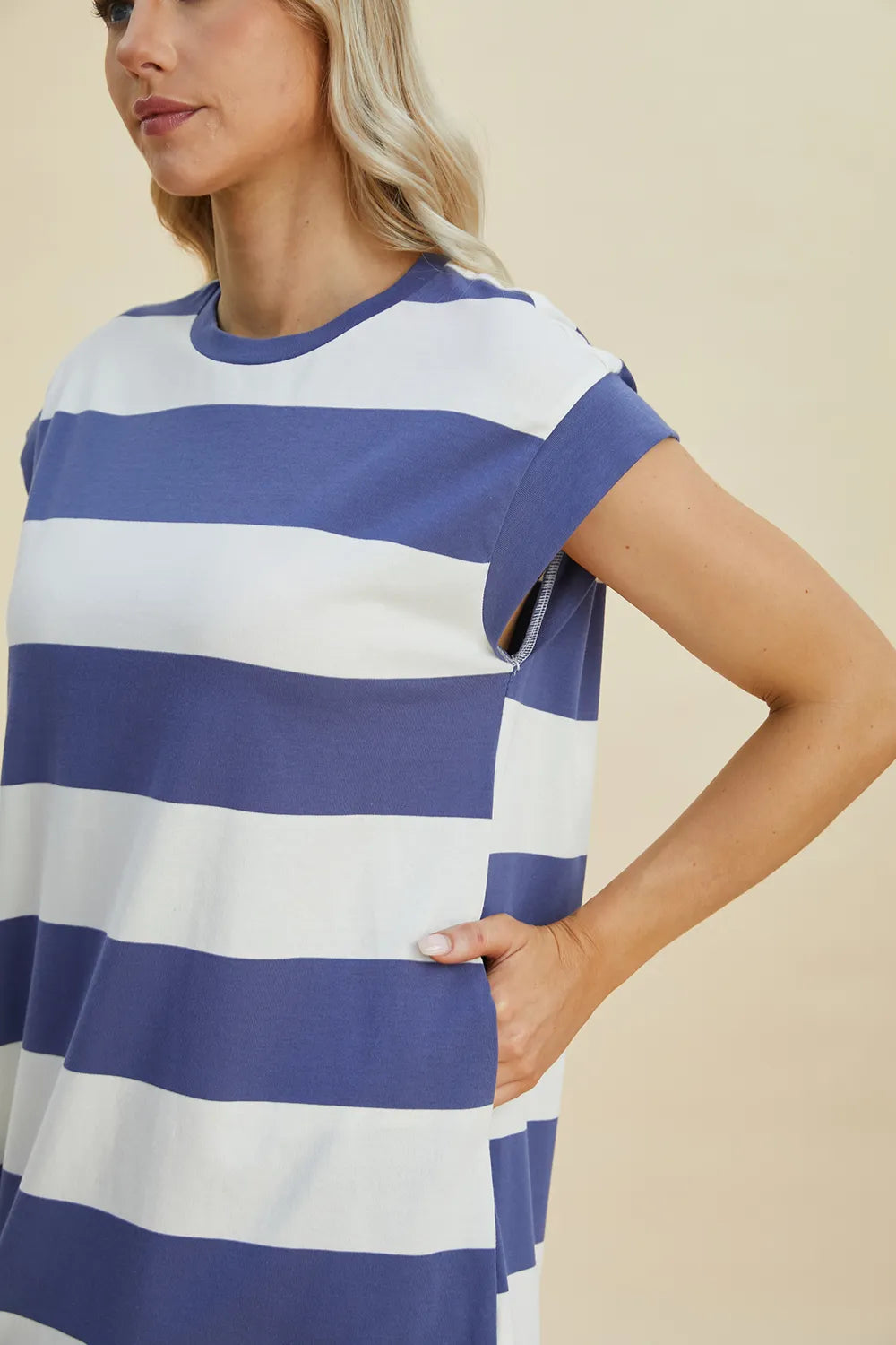 BASIC BAE Full Size Striped Round Neck Cap Sleeve Mini Dress on Simply Obsessed
