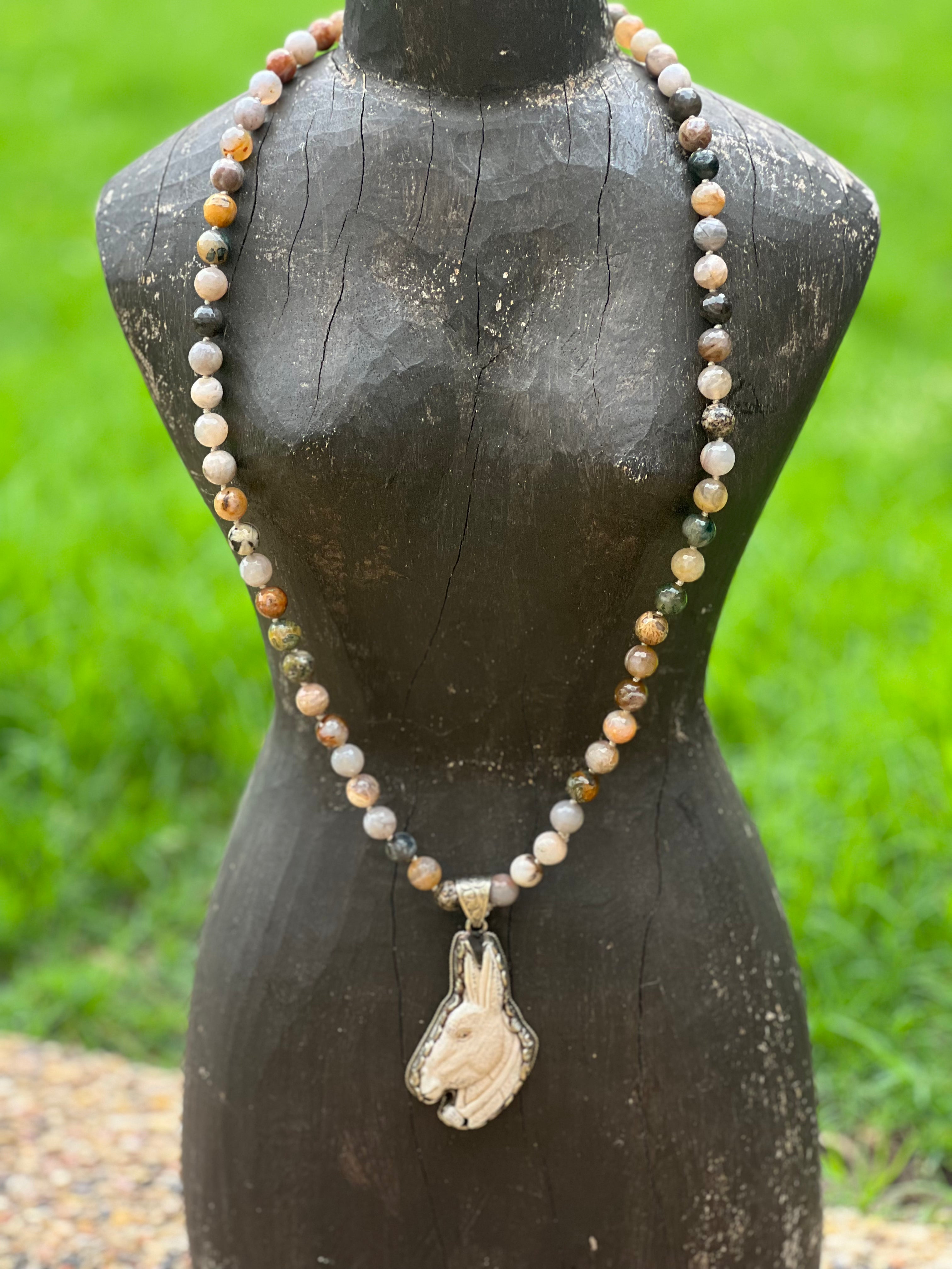 Bamboo Leaf Agate Tibetan Silver Carved Tusk Donkey OOAK Necklace on Simply Obsessed