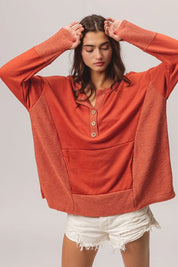 BiBi French Terry Knit Side Block Buttoned Henley Top on Simply Obsessed
