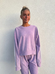 BLOOM + POP Acid Wash Crewneck w/ Striped Sleeves on Simply Obsessed