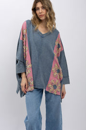 BLUE VELVET Flower Patch V-Neck Shoulder Drop Top on Simply Obsessed