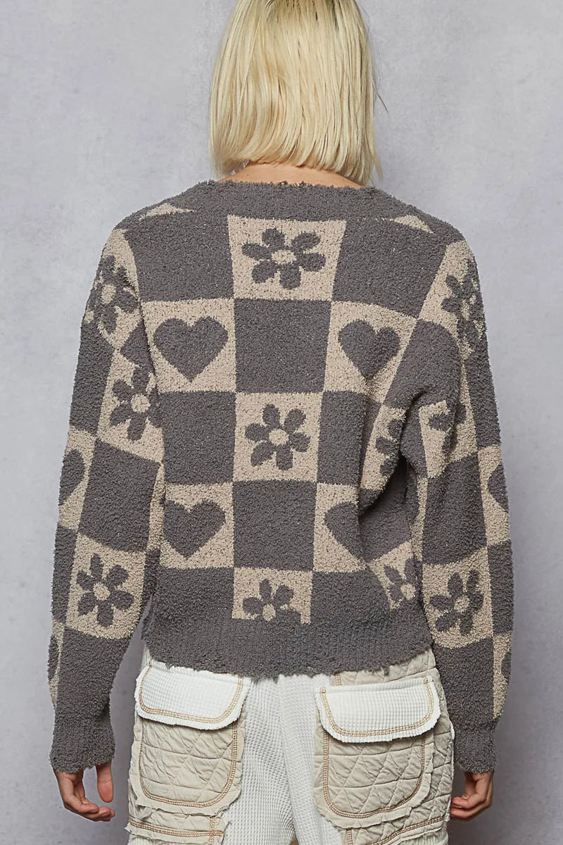 POL V-Neck Heart Pattern Checkered Sweater on Simply Obsessed