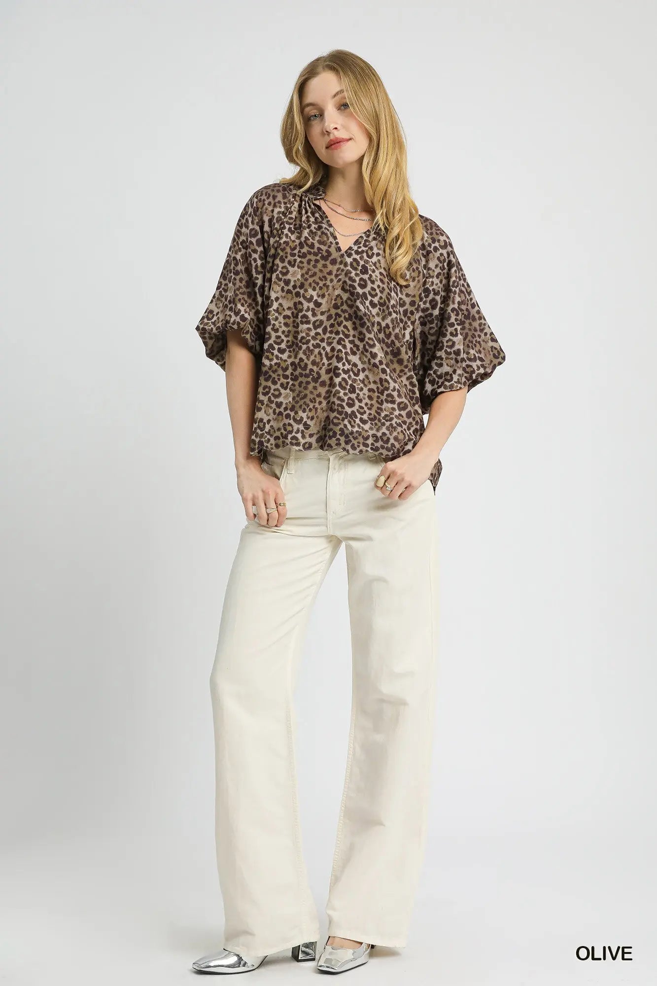UMGEE Bubble Sleeve V Neck Animal Print Top-Olive on Simply Obsessed