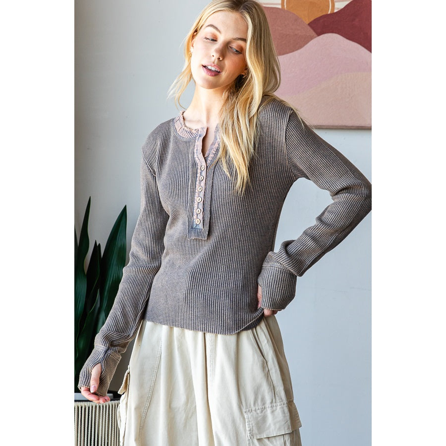 OLI + HALI Mineral Washed Henley Neck Thermal Top