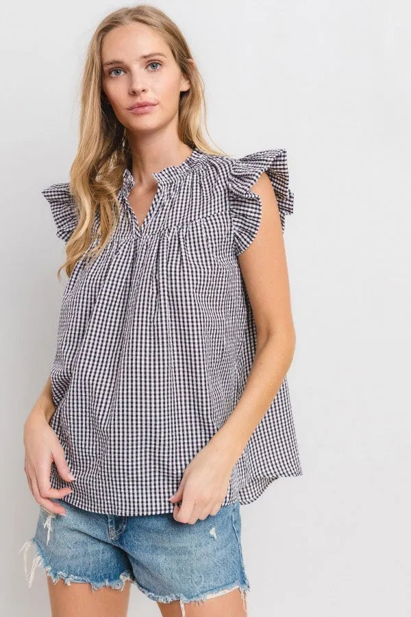 CES FEMME Gingham Ruffled Sleeveless Blouse - BLACK/WHITE on Simply Obsessed