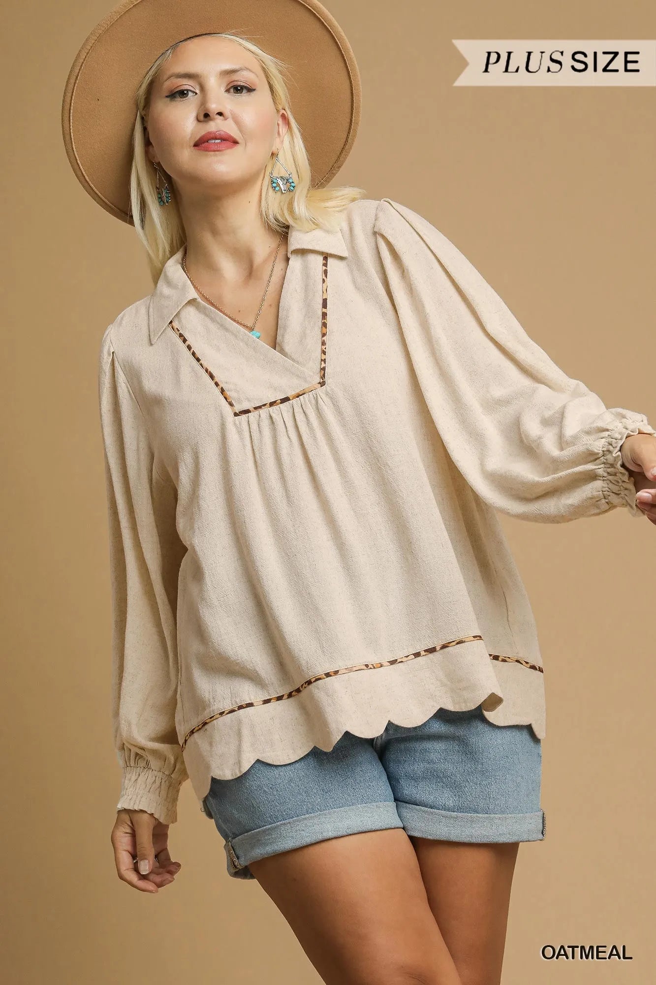UMGEE Full Size Linen Scallop Hem Blouse with Contrast Trim Plus Size on Simply Obsessed