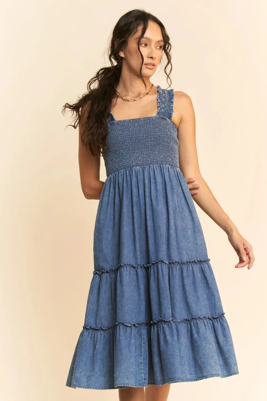 DAVI + DANI Washed Denim Tiered Midi Dress Simply Obsessed DAVI + DANI Washed Denim Tiered Midi Dress Simply Obsessed