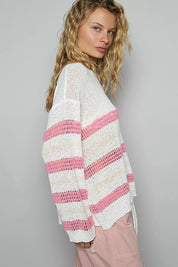 POL Striped Openwork Round Neck Knit Top on Simply Obsessed