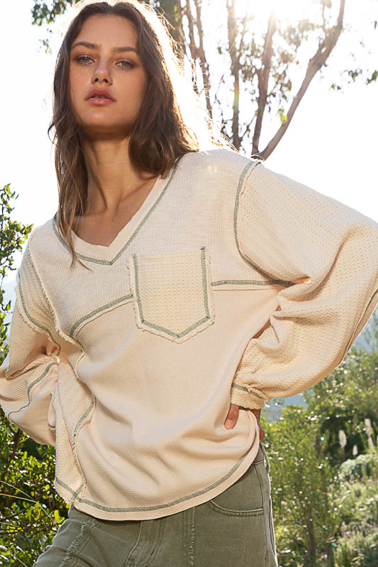 *DOORBUSTER* POL V-Neck Balloon Sleeve Thermal - Cream on Simply Obsessed