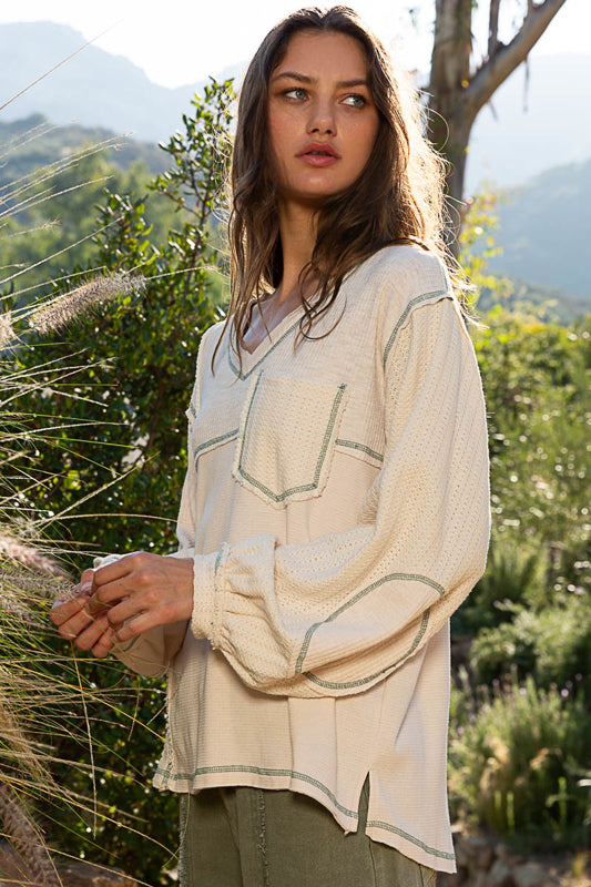 *DOORBUSTER* POL V-Neck Balloon Sleeve Thermal - Cream on Simply Obsessed
