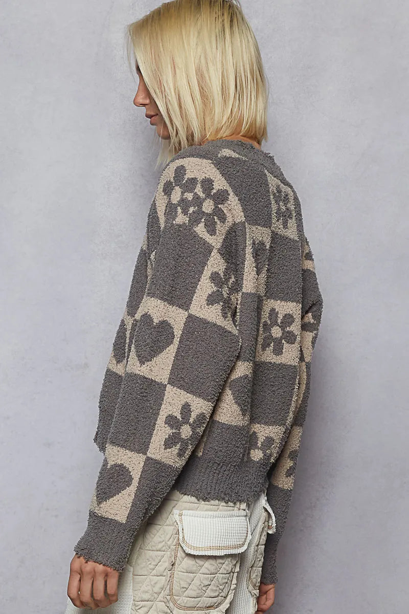 POL V-Neck Heart Pattern Checkered Sweater on Simply Obsessed