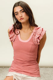 BiBi Rib Knit With Textured Ruffled Top on Simply Obsessed