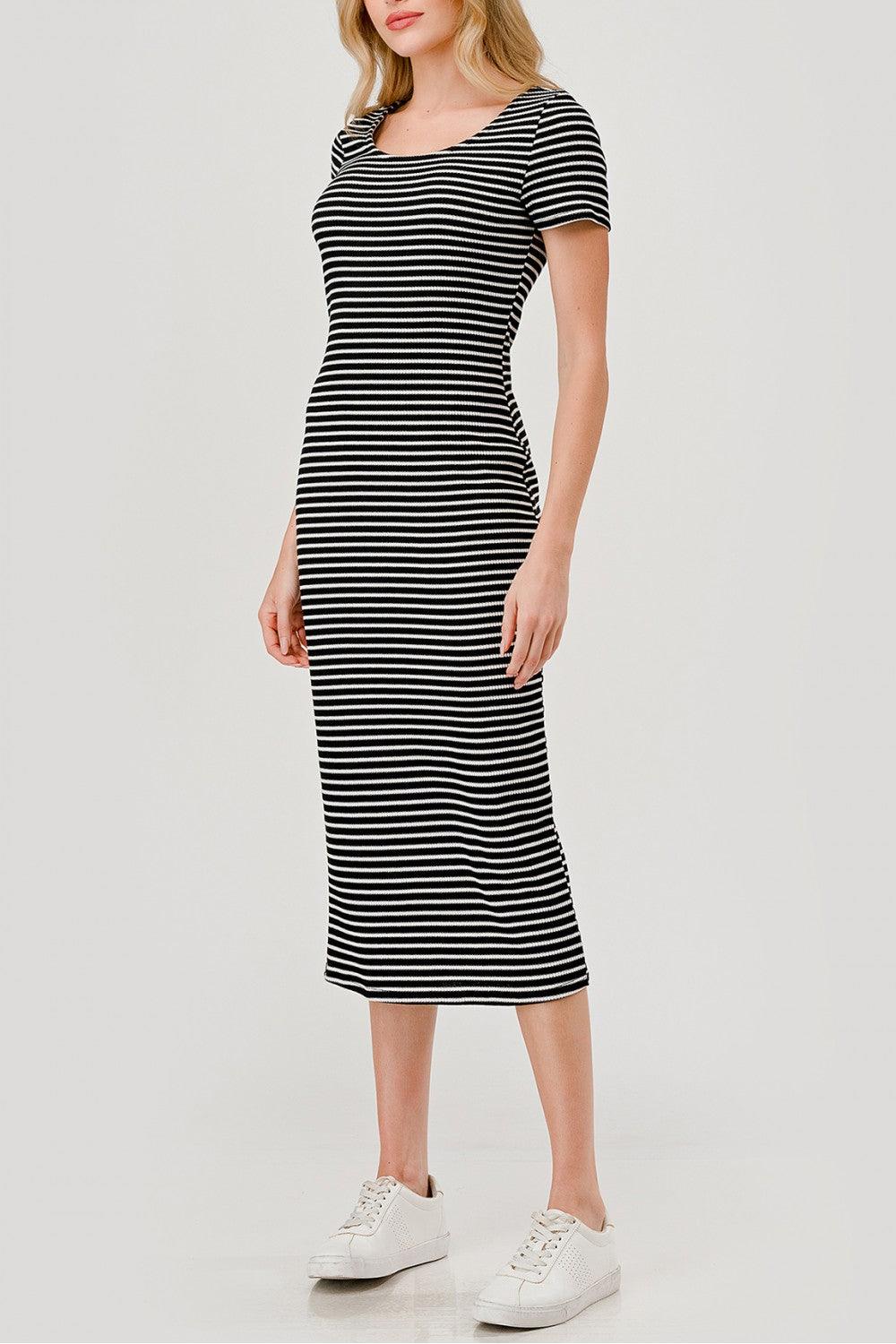 fitted lace wedding dress Black Stripe Ribbed Half Zip Split Hem Dress