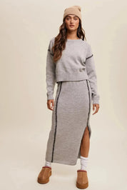 LISTICLE Contrast Stitch Knit Sweater and Long Skirt Set - Heather Grey on Simply Obsessed