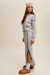 LISTICLE Contrast Stitch Knit Sweater and Long Skirt Set - Heather Grey on Simply Obsessed