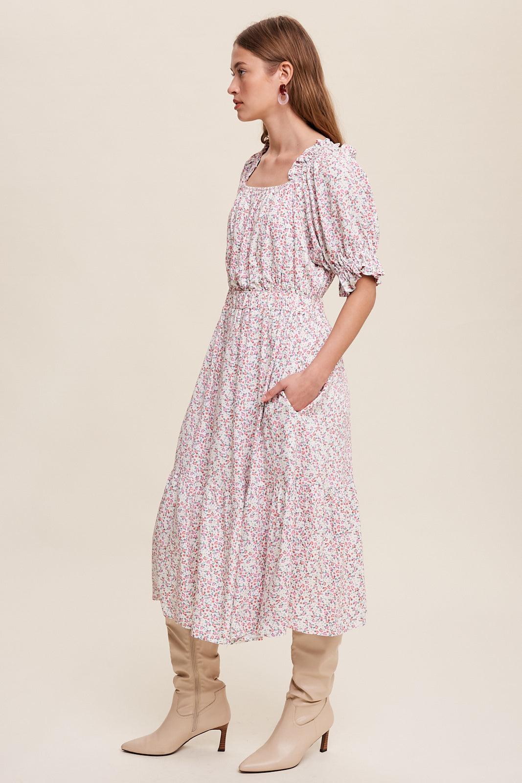 LISTICLE Floral Print Trim Flowy Midi Dress - CREAM SMALL LISTICLE Floral Print Trim Flowy Midi Dress - CREAM SMALL