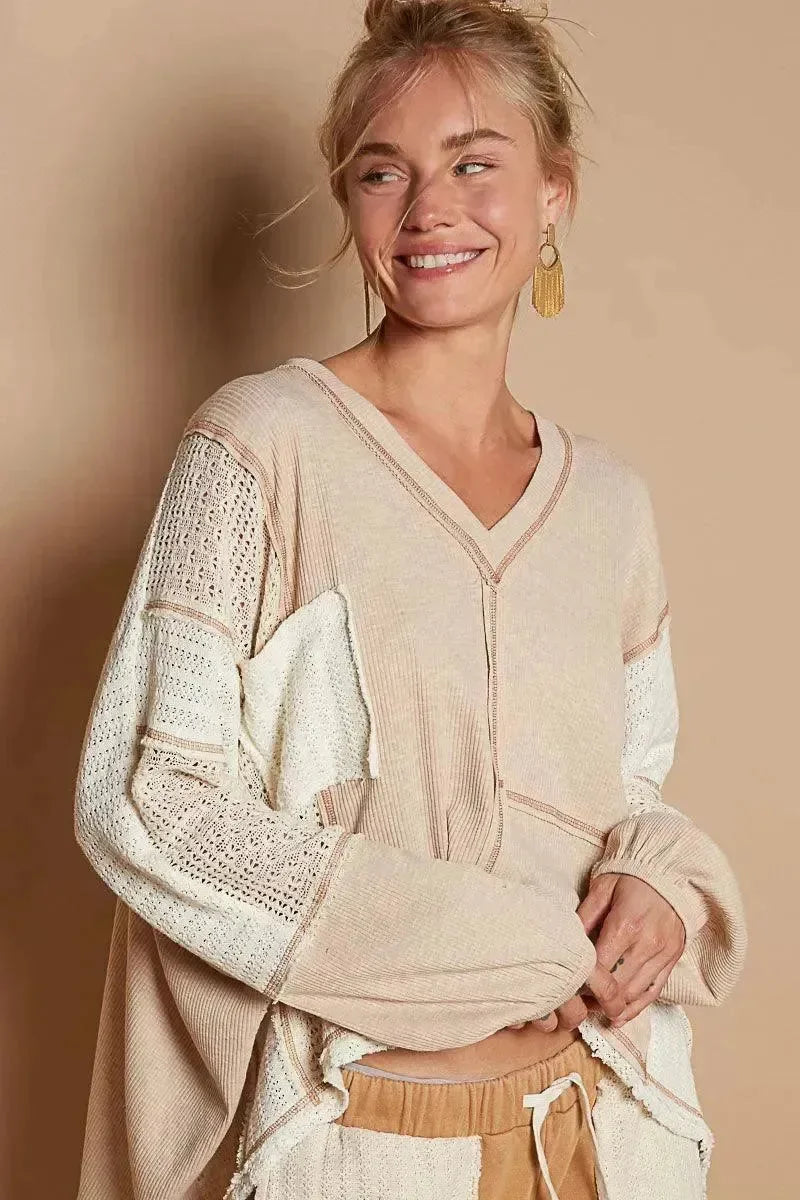 POL Almond Patchwork Pullover on Simply Obsessed