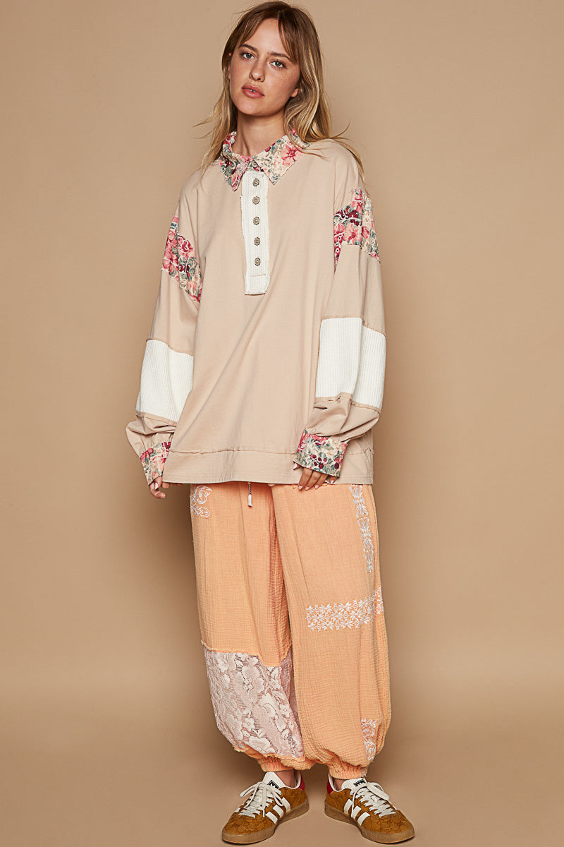 POL Floral Accent Patchwork Knit Top - Almond on Simply Obsessed