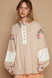 POL Floral Accent Patchwork Knit Top - Almond on Simply Obsessed