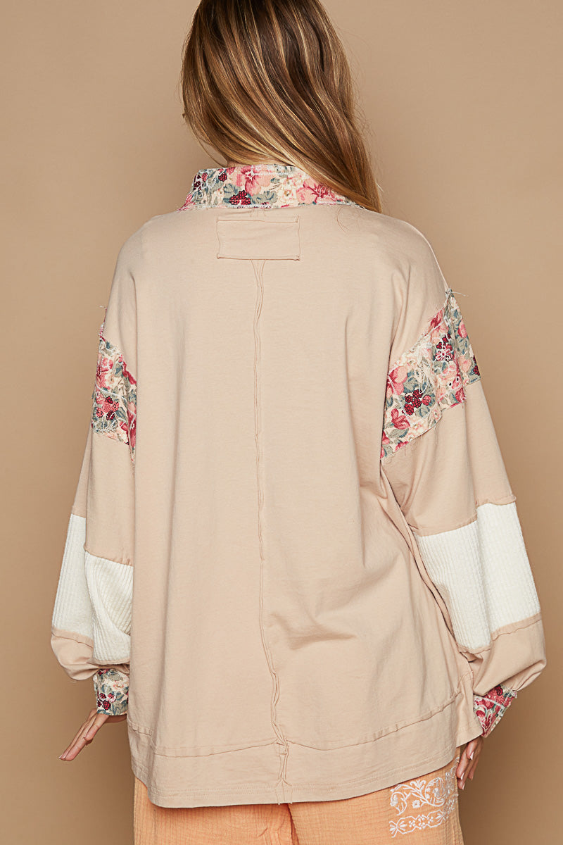 POL Floral Accent Patchwork Knit Top - Almond on Simply Obsessed