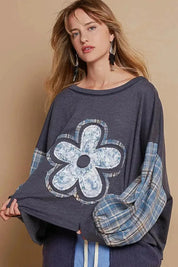 POL Knit Plaid Sleeve Flower Top - Ink Charcoal on Simply Obsessed