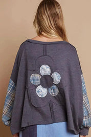 POL Knit Plaid Sleeve Flower Top - Ink Charcoal on Simply Obsessed