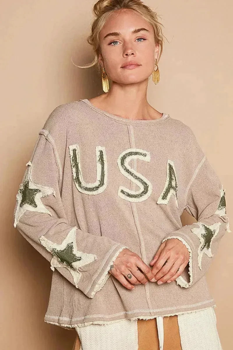 POL Knit USA Patchwork Sweater - Mocha Biege on Simply Obsessed