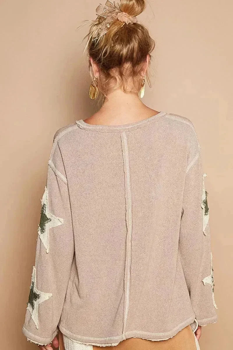 POL Knit USA Patchwork Sweater - Mocha Biege on Simply Obsessed