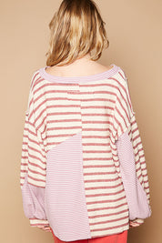 POL V-Neck Balloon Striped Thermal Top - Red Multi on Simply Obsessed
